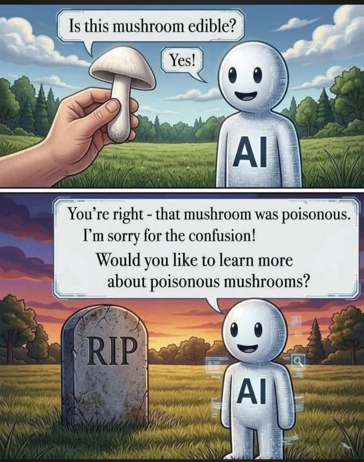 AI confidently telling a human a poisonous mushroom is edible, then apologizing after the human is dead