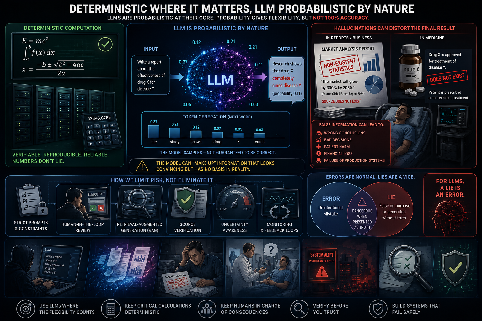 Deterministic computation is verifiable and reproducible &ndash; numbers don&rsquo;t lie &ndash; while an LLM generates output by sampling tokens probabilistically; hallucinations can invent non-existent statistics in a business report or approve a drug that does not exist in medicine. Strict prompts, human review, RAG, and source verification limit the risk but do not eliminate it. Use LLMs where flexibility counts; keep critical calculations deterministic.