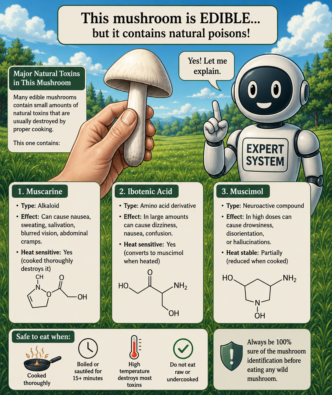 Expert system explaining the natural toxins in a mushroom &ndash; muscarine, ibotenic acid, muscimol &ndash; and the cooking conditions that neutralize them