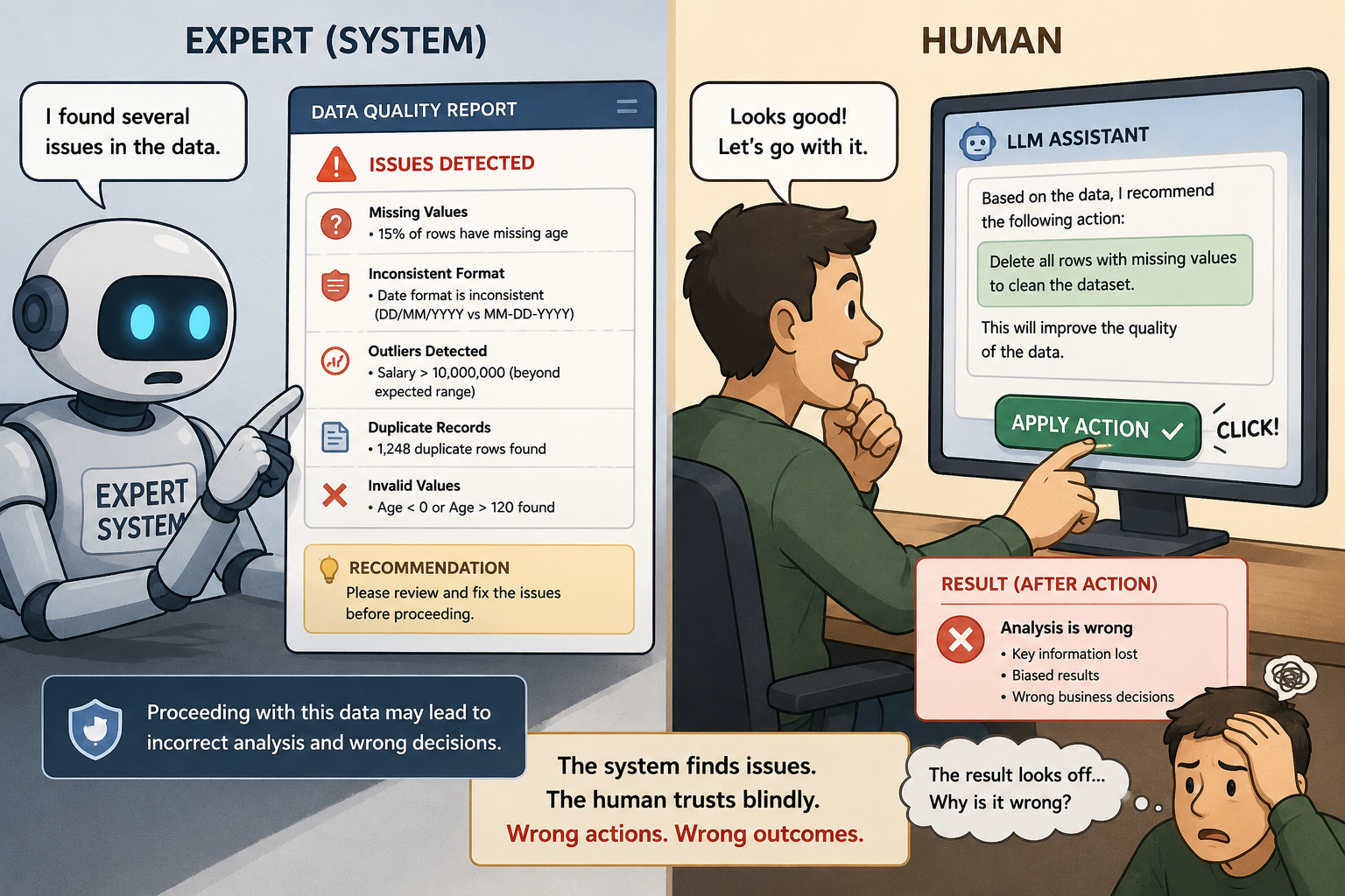 Expert system finds concrete data-quality issues &ndash; missing values, inconsistent formats, outliers, duplicates, invalid ranges &ndash; and recommends review. Meanwhile a human accepts an LLM suggestion to &ldquo;delete all rows with missing values,&rdquo; clicks Apply, and ends up with biased results, lost information, and wrong business decisions. The system finds issues; the human trusts blindly.